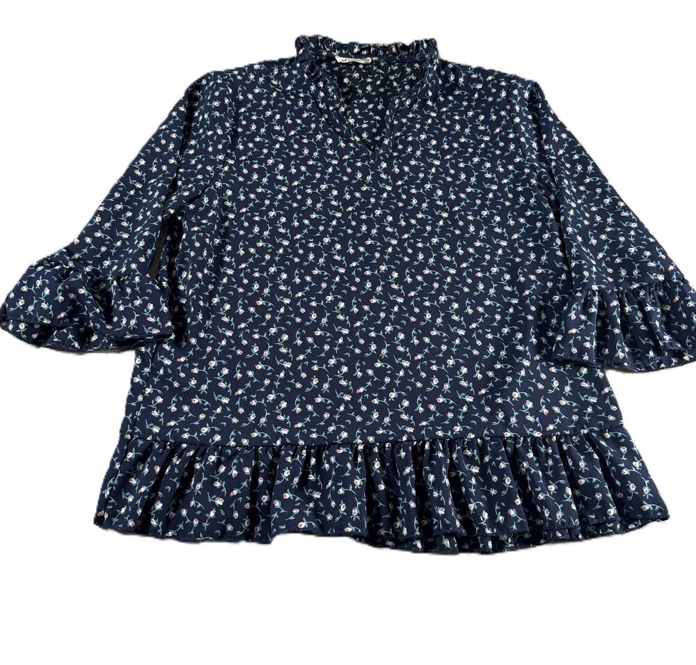Les Amis Women’s Small Navy Floral Ruffle Bell Sleeve Peplum Blouse Boho